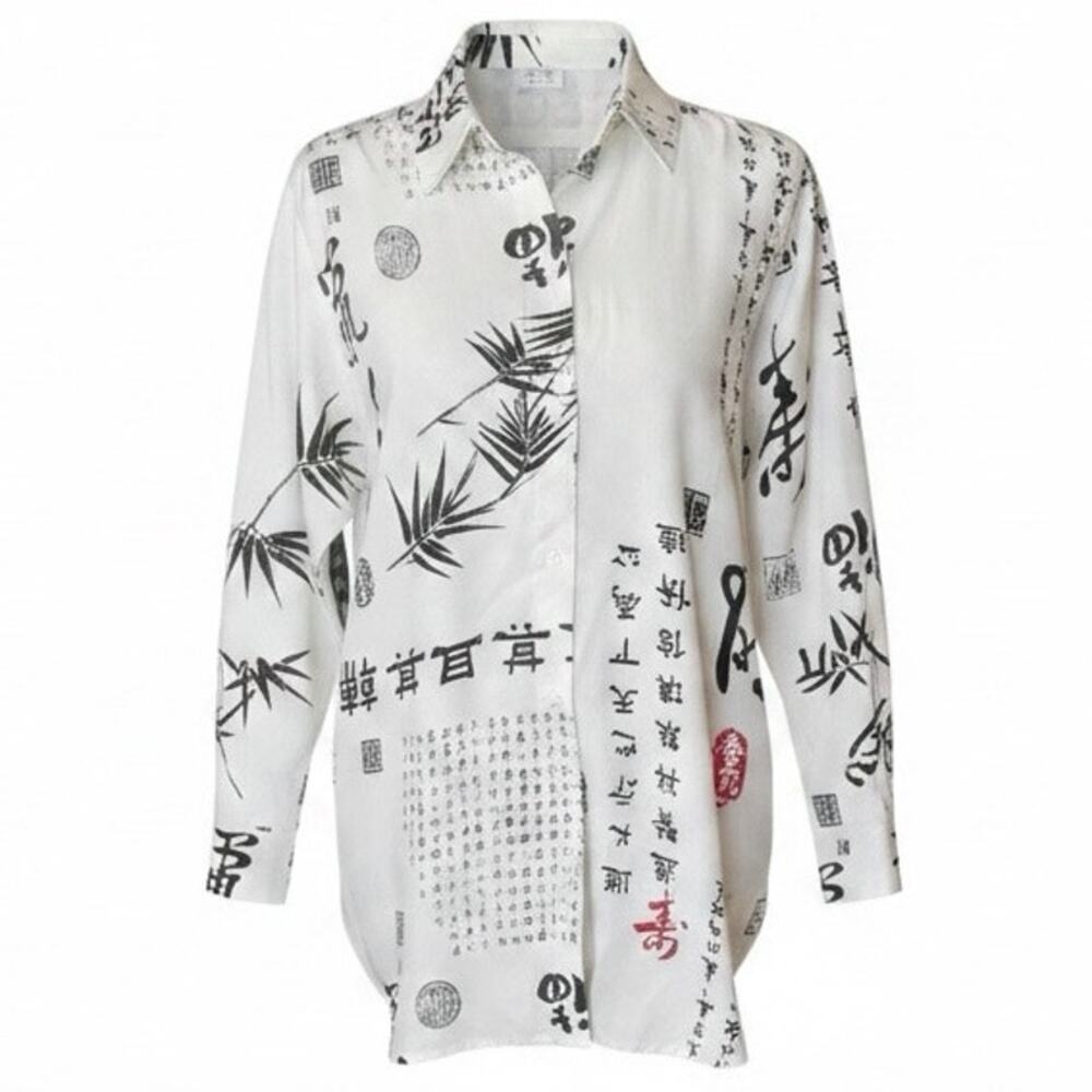 VTG Soft Surroundings Tunic Blouse Size M Asian Chinese Graphic Rayon Artsy
